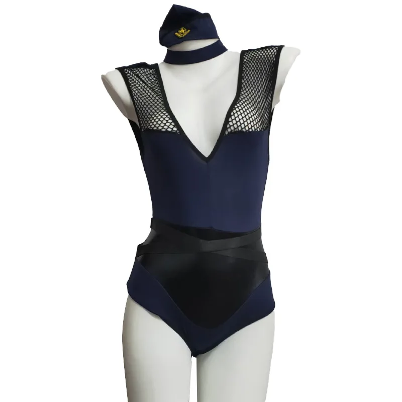 

Sexy Airline Stewardess Uniform Cosplay Costume Cute Mesh Open Crotch Bodysuit Nightdress Women Backless Secretary Roleplay Set