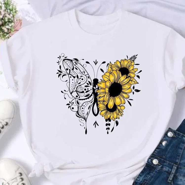 Women's European and American Clothing Butterfly Letter Printed Short-sleeved T-shirt Tops  Graphic T Shirts  Harajuku