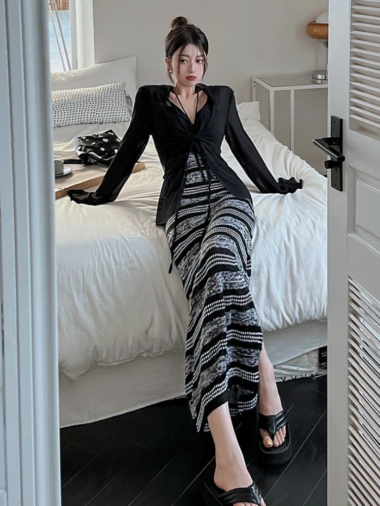 

Сексуальные комплекты из трех предметов, женские летние солнцезащитные рубашки, милые простые камзолы, тонкие универсальные полосатые юбки, изящные Ulzzang