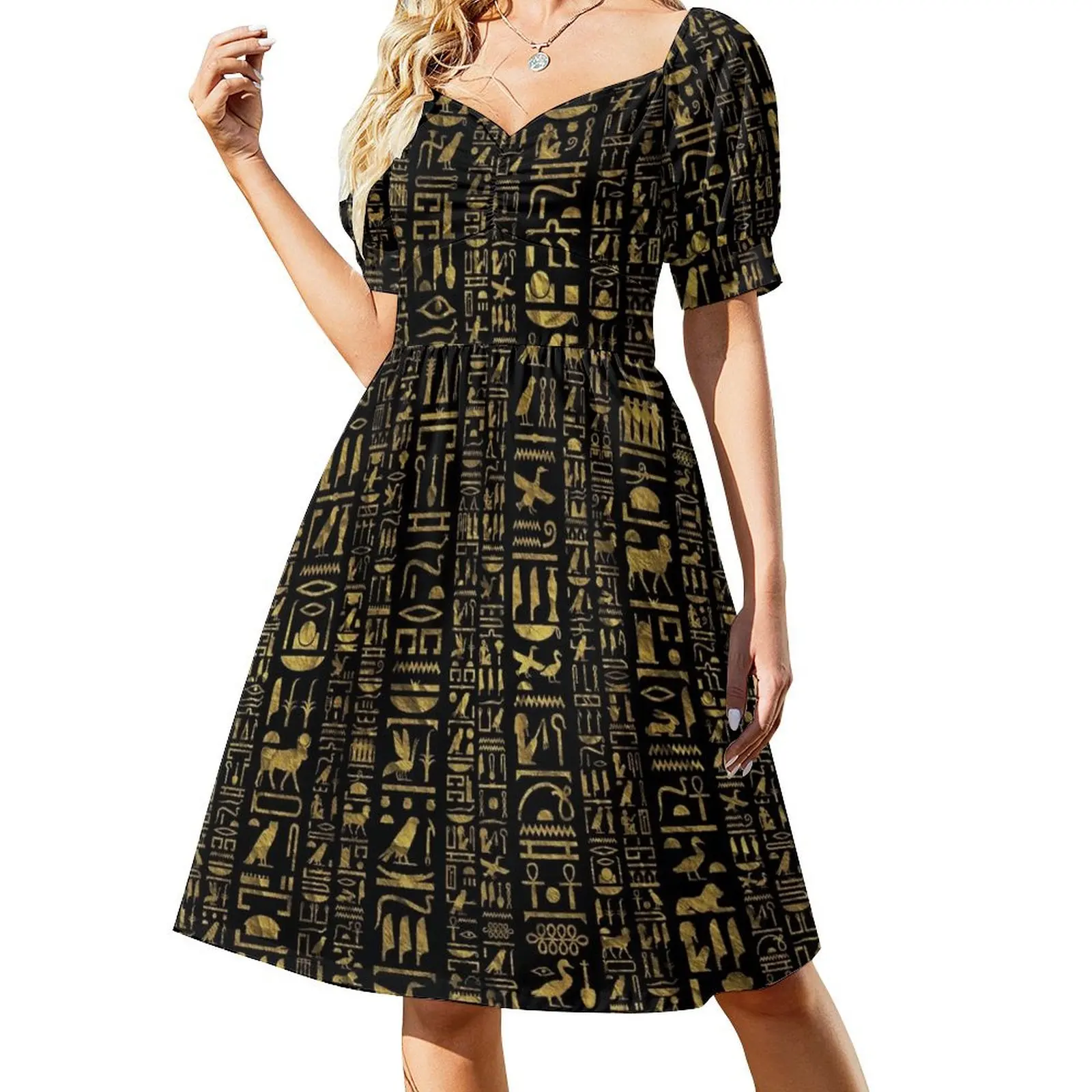 Egyptian hieroglyphs vintage gld on black Short Sleeved Dress cute dress women's summer jumpsuit Dress