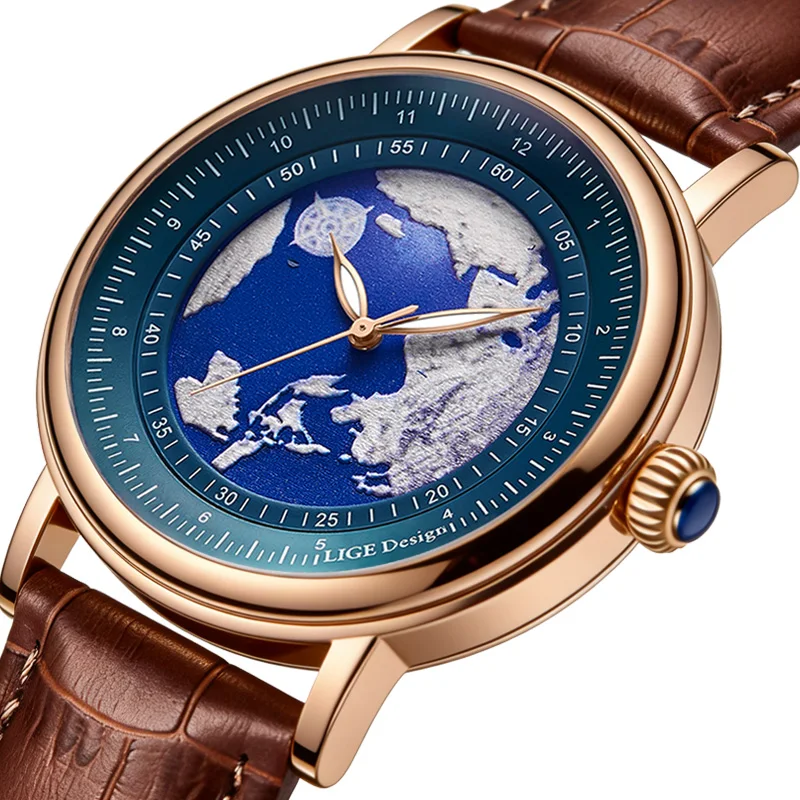 LIGE Mens Watches Blue Planet Creative Earth Fashion Quartz Wristwatch Leather Sport Watch for Men Luminous Clock Man with Box