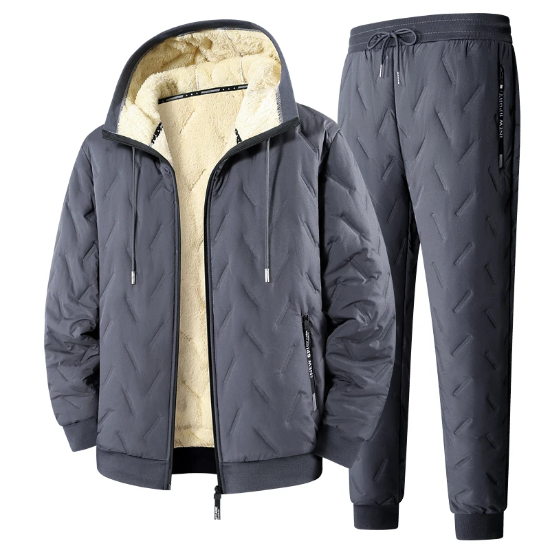 Men's Winter Lamb Fleece Lined Tracksuit Set 2 Piece Quilted Hooded Coat Thermal Jogger Pants Warm Casual Outdoor Daily Wear