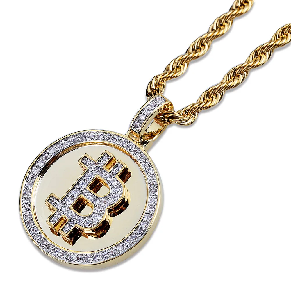 Chinese Style Lucky Wealth Attracting Gold Plated Micro Paved Cubic Zircon Bitcoin Pendant Mens Hip Hop Twist Rope Chain Necklac