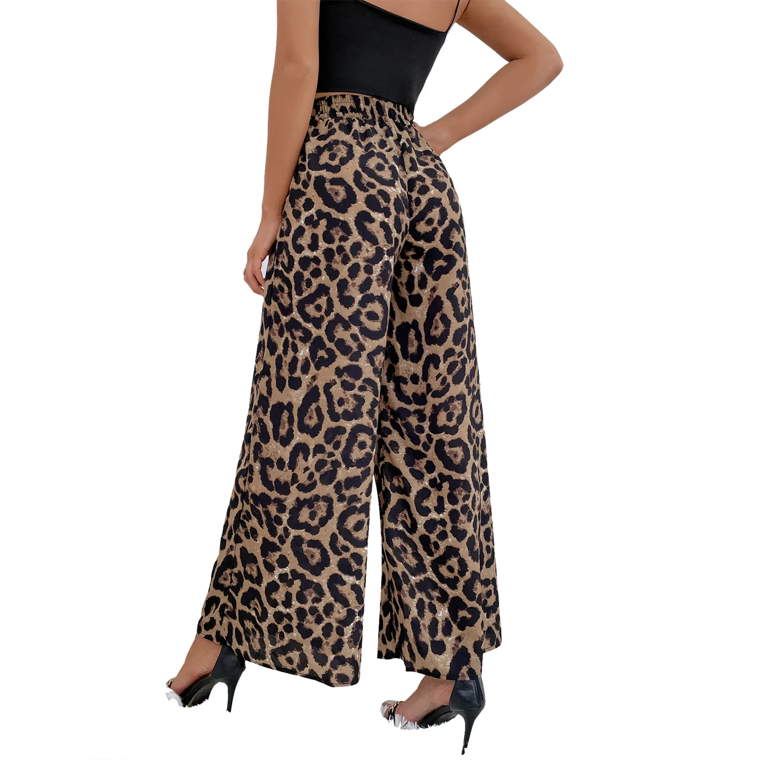 Women Leopard Wide Leg Ankle Length Pants Elastic Waist Spliced Loose Fit Capris Pockets High Street Autumn Slight Strech