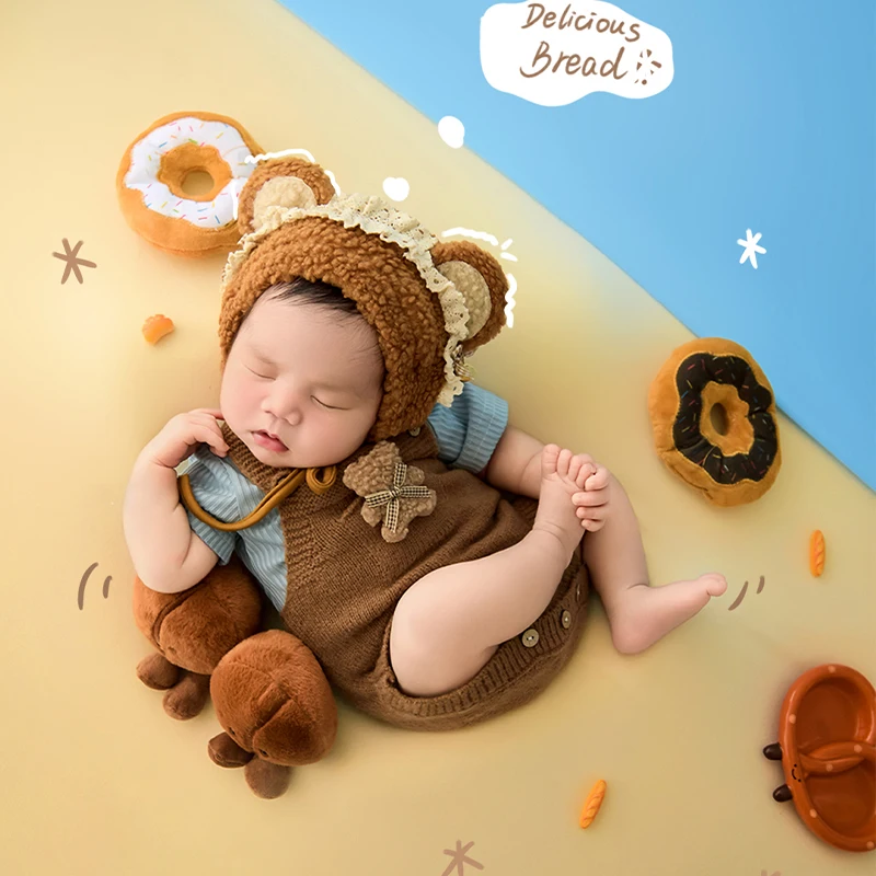البني والأزرق الطفل بذلة رومبير لينة الدب الأذن قبعة الوليد التصوير الدعائم لطيف الدببة الضخمة لعبة استوديو التقطت الصور ازياء