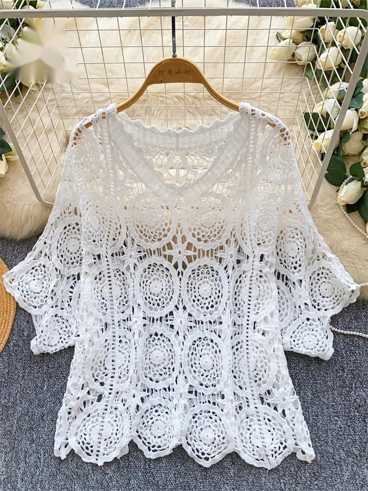 

Geometric Crochet Hook Shirts Summer O Neck Loose Versatile Basic Trend Top Batwing Sleeve Simple Holiday Women Blouse