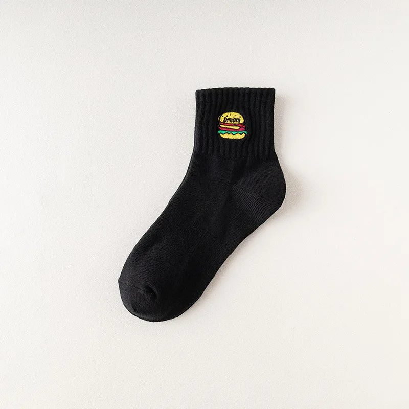 Pizza Burger Socks Men's New Cartoon Embroidery Korean Version of Ins Trend Breathable Sweat Absorption Low-top Cotton Socks