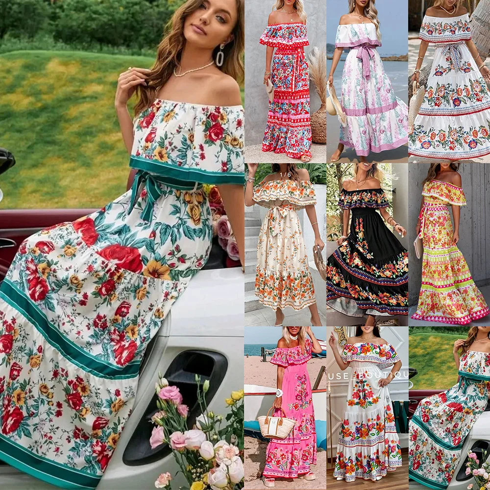 Boho 2024 Zomerjurk Print Vintage Lange Jurken Voor Vrouwen Sexy Off-Shoulder Ruche Boho Party Maxi Jurk Dames Strand Zomerjurk