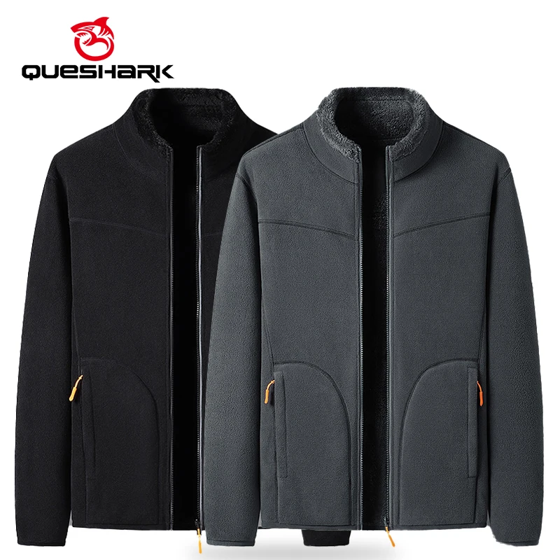 Queshark Double-Sided Fleece Jacket Men Winter Warm Thicked Sportwer Running Camping Hiking Fishing Skiing Baser Layer Coat