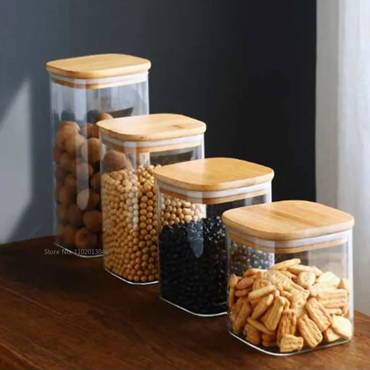 Square Mason Jar with bamboo Cover For Spices Glass Kitchen Container Glass Jars With Lids Jar Kitchen Jars And Lids Wholesale