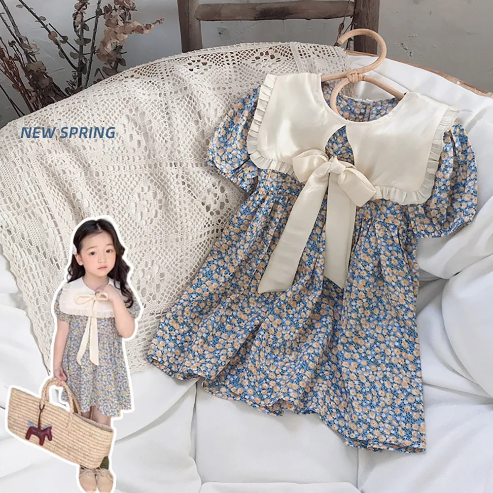 Cute Short Sleeve Baby Girls Floral Dress 2024 Summer Sweet Ruffles Peter Pan Collar Bow Princess Dresses for Party 2-8Years Old