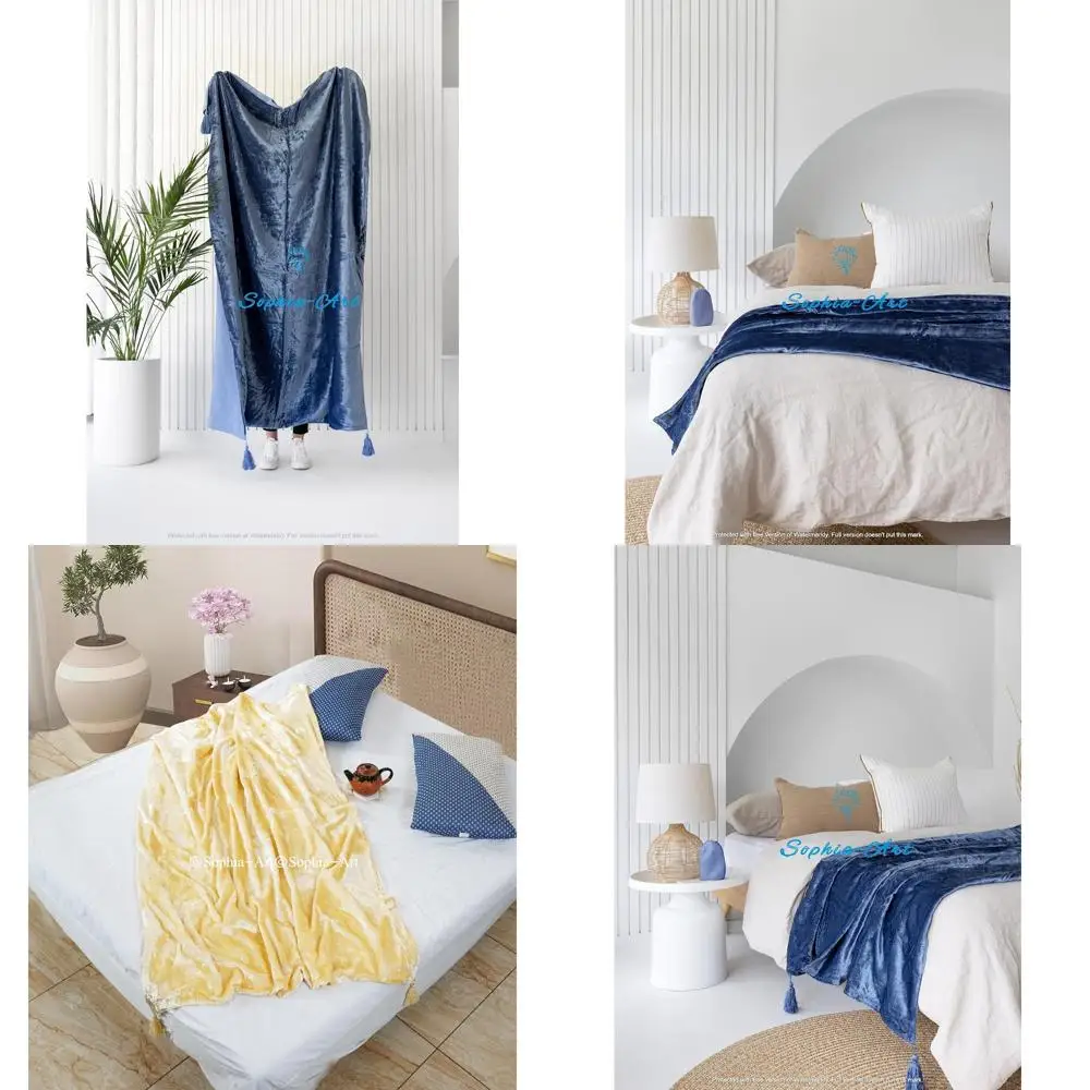 

Luxury Crushed Velvet Throw Blanket with Tassels - Soft, Warm, Cozy Plush for Sofa Beds and Bohemian Style, Lightweight Pet-Frie
