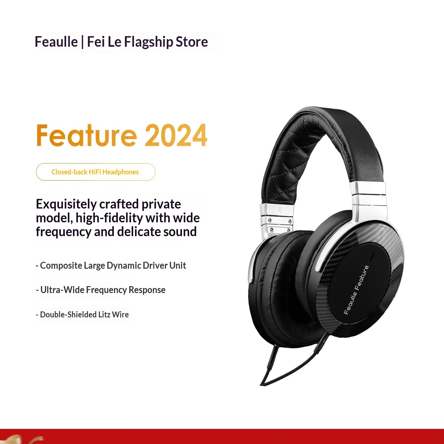 Feaulle Feature 2024 Wired HiFi Over-Ear Headphones Closed-Back 32 Ohm 6.35mm 3.5mm For Gifts