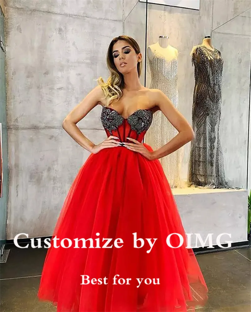 Red A Line Tulle Prom Dresses Shiny Beads Sweetheart Spaghetti Straps Ankle Length Evening Party Gowns Graduation Dress