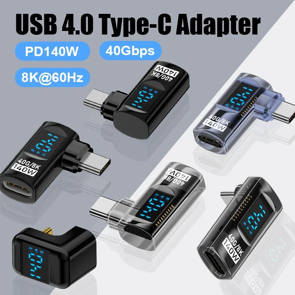 Adaptador usb c de 140w, 90 graus, 40gbps, 8k @ 60hz, conversor tipo c, display digital, pd tipo c, conector adaptador otg para telefone, laptop, pc