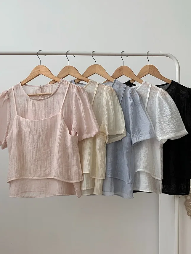 夏のシックな質感半袖シャツレディースファッション重ね着シースルーツーピースセットビジネスカジュアルバブルスリーブ