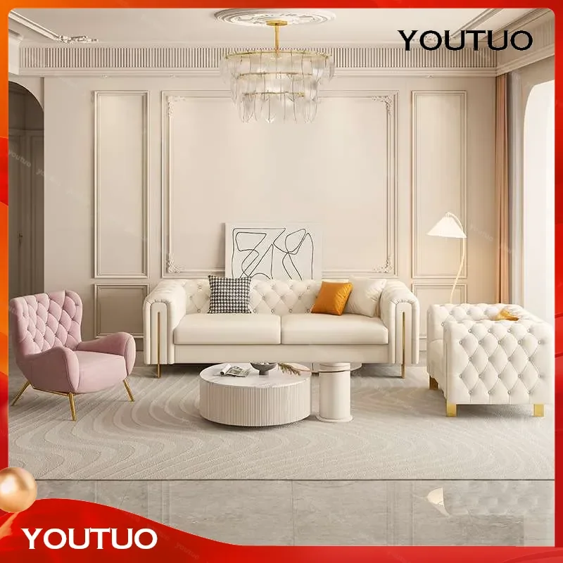 French Light Luxury Cream Style Leather Sofa Combination Living Room Home Pull Point Button Hand Three Person Leather