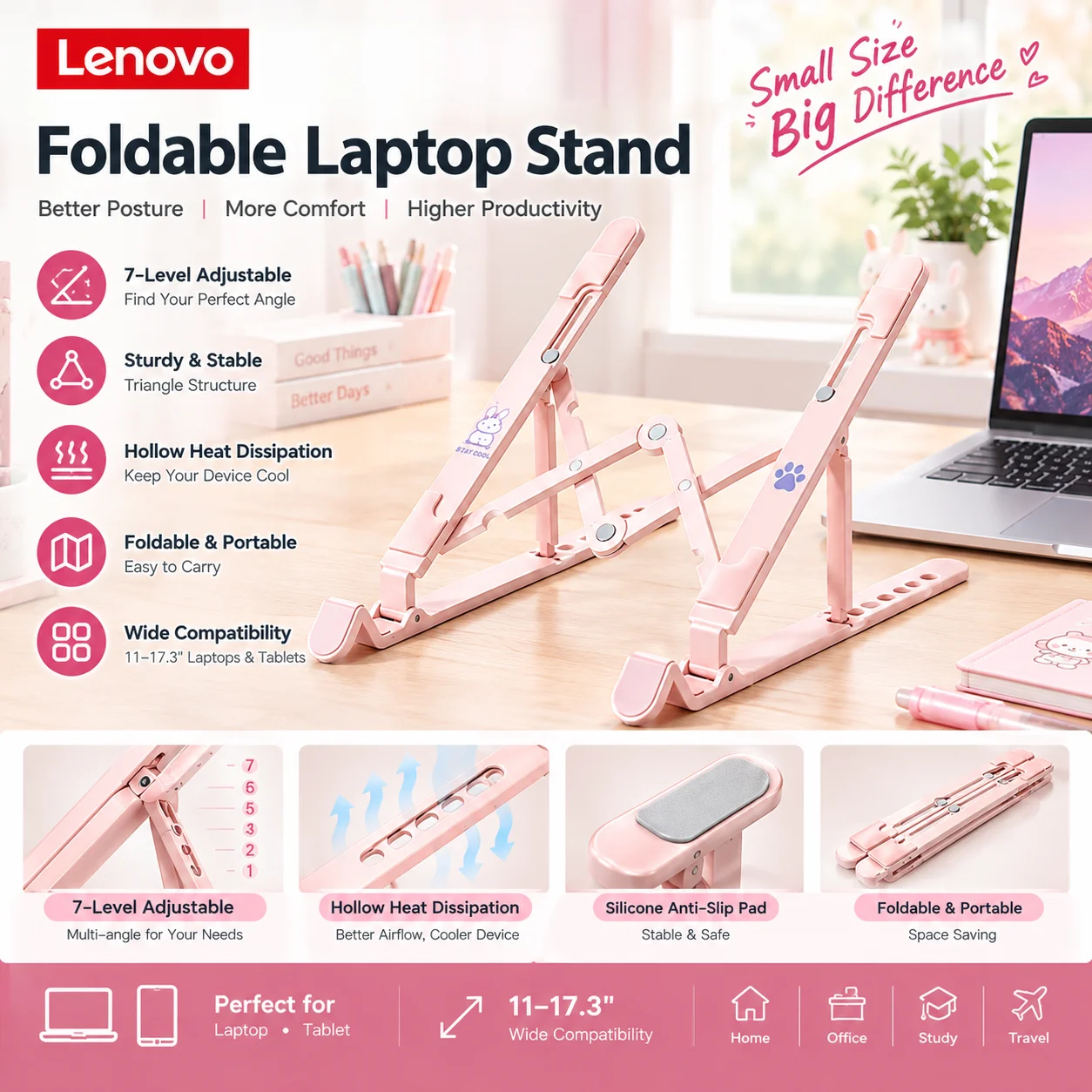 Lenovo ERAZER X1S Foldable Laptop Stand 7-Level Adjustable Aluminum Alloy Cooling Riser Anti-Slip Portable Notebook Holder