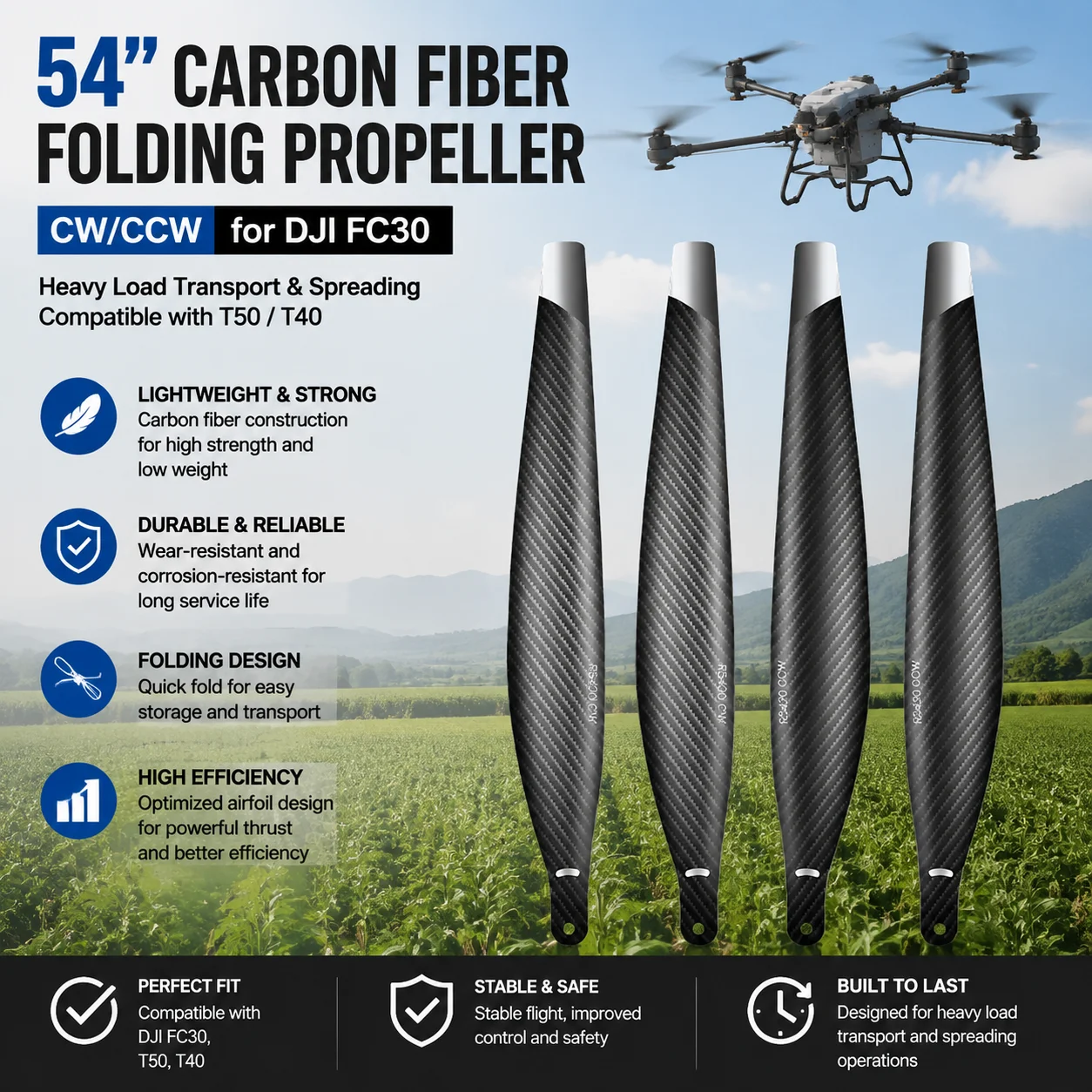 XAERO 5420 54 inch Carbon Fiber Folding Propeller CW CCW for DJI FC30, Heavy Load Transport & Spreading Compatible T50 T40