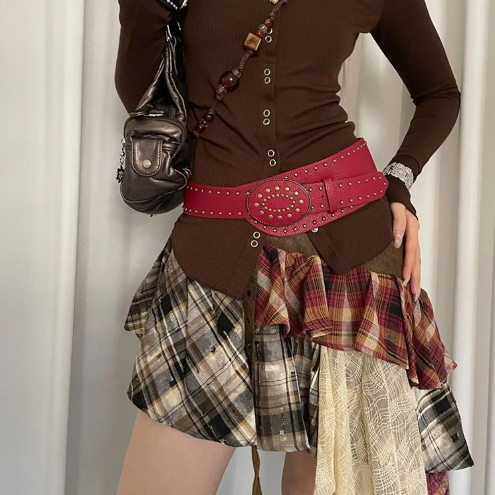 الرجعية برشام الرجعية الشارع برشام حزام Harajuku حجر الراين زهرة واسعة حزام Y2K الجمالية بولي Leather حزام جلد فتاة