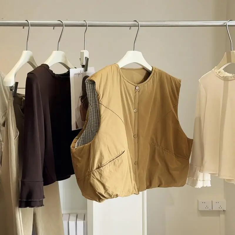 Women's Cotton Padded Jacket Autumn Winter Korean Style Slim Fit Thickened Warm Waist Coat Thick Outdoor Daily Wear Vest Jacket