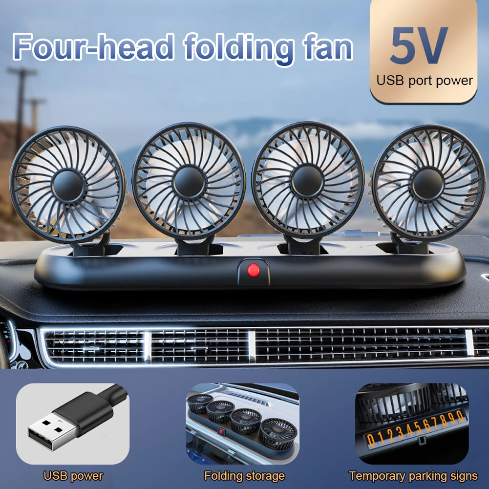 Portable 4-Head Car Cooling Fan 3 Speed Car Fan 360 Degree Rotatable Automobile Vehicle Fan for Dashboard SUV RV Truck Sedan