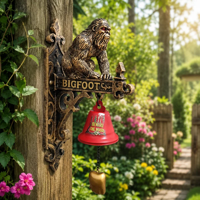 Bigfoot Decorative Hanging Bell Antique Bronze Resin Wall Mount with Foot Pendant for Porch Cabin and Lodge