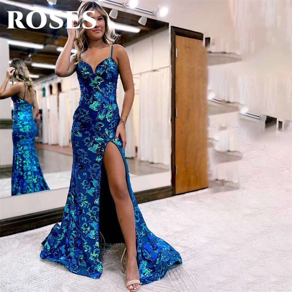 

ROSES Blue Evening Dress Spaghetti Strap Mermaid Party Dress with Pleats Satin Vestido De Novia Sequins Sleeveless Prom Dresses