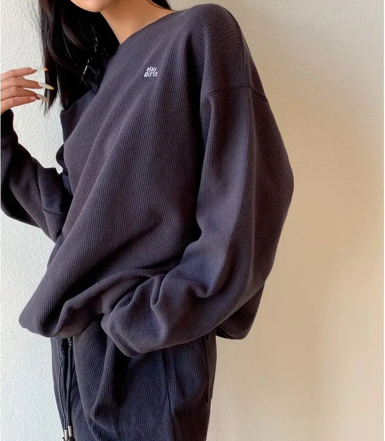 

Streetwear Women Spring Autumn Loose Solid Colors Embroidered Waffle Basic Sweatshirts Female Crewneck Oversized Jumper Pullover