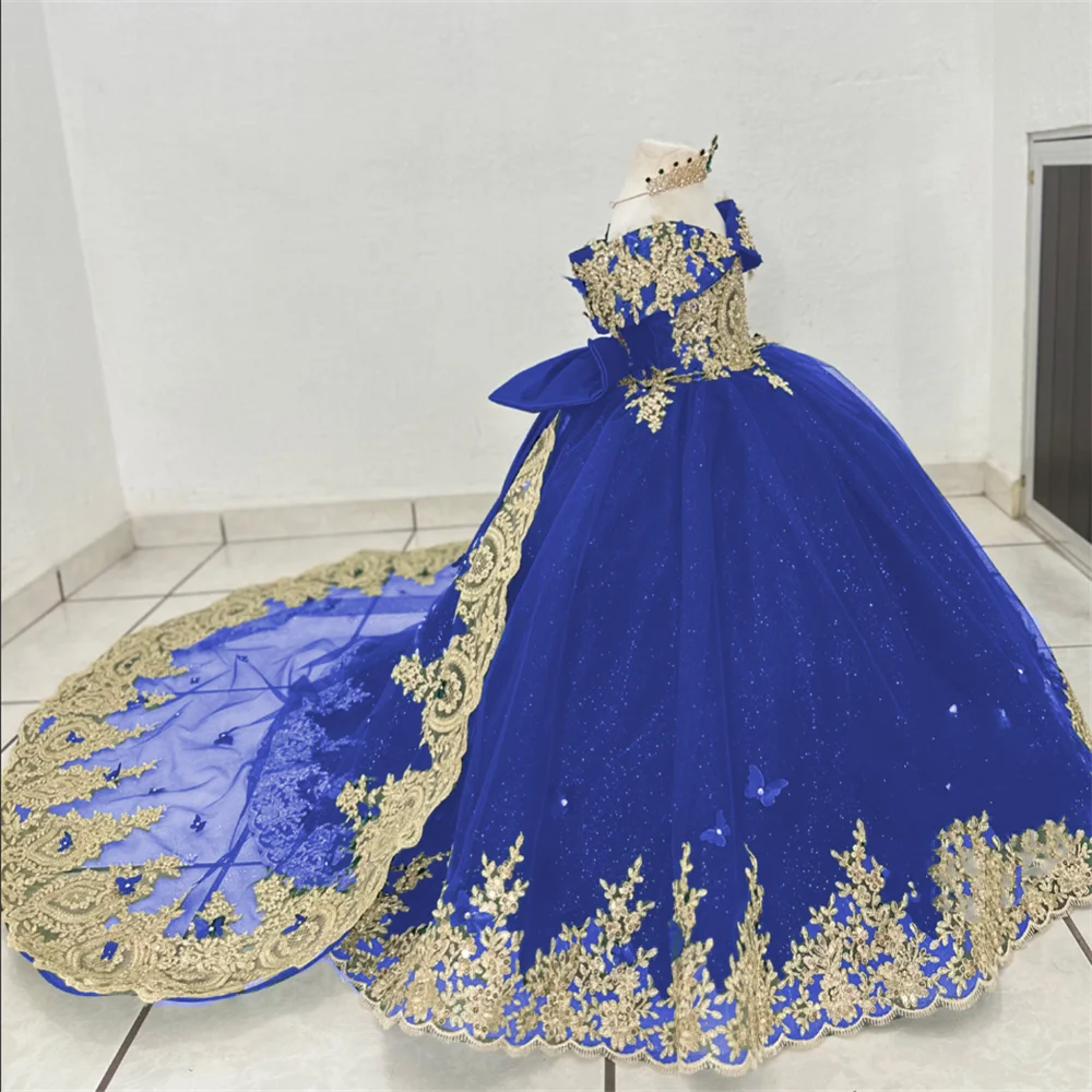 Vestido azul real con bonito lazo y flores para niñas, vestido con hombros descubiertos, apliques dorados, vestidos de fiesta de cumpleaños para niños, vestido elegante para niños