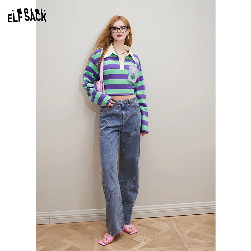 ELFSACK Polo collar striped long sleeved T-shirt for women in spring 2024, new age reducing small stature, handcrafted crochet f