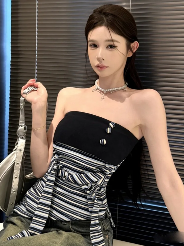 

Summer Striped Tie-Detail One-Shoulder Splice Slimming Short Top for Women Breathable Skin-Friendly Citywalk French Style
