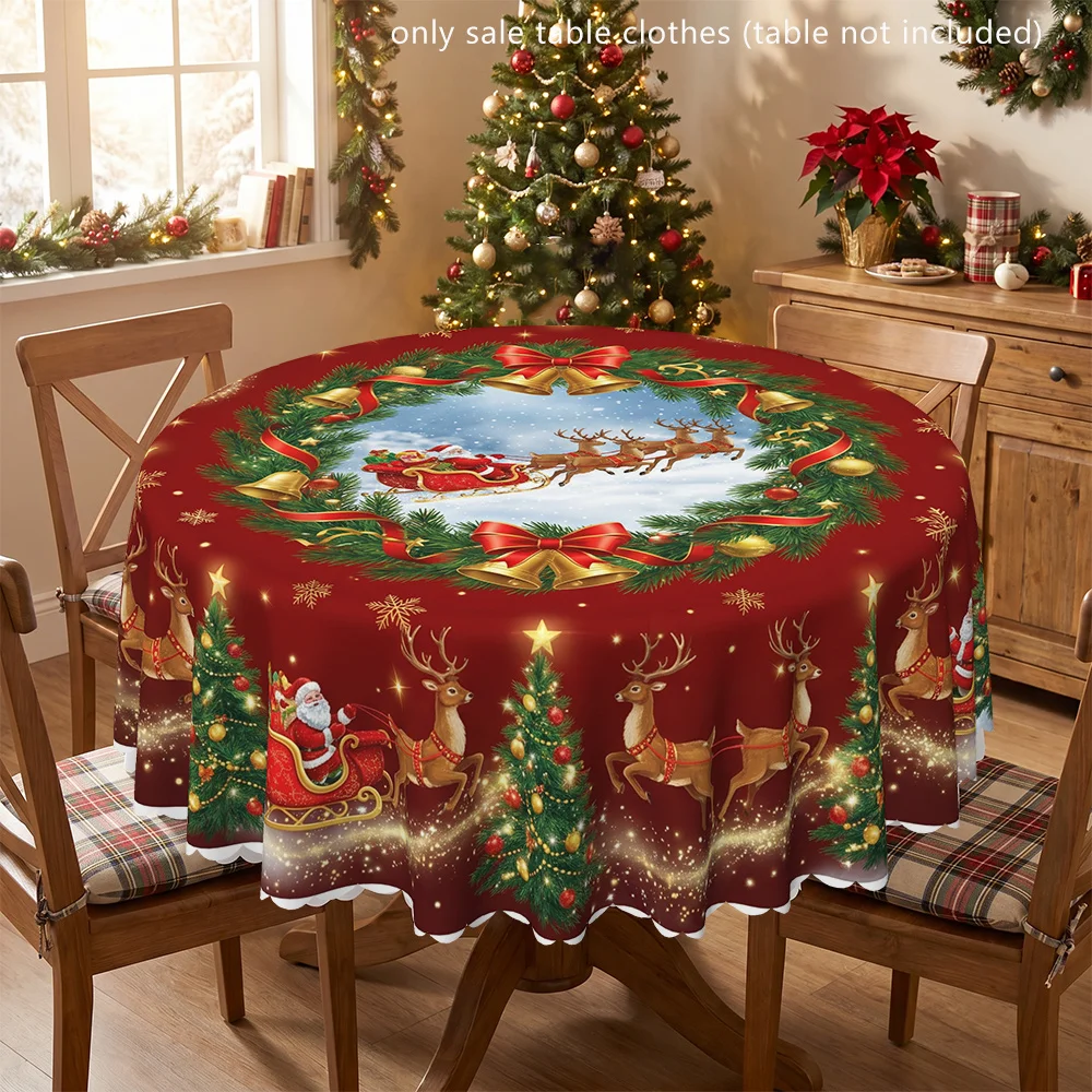 Santa Claus Sleigh Reindeer Wreath Tablecloth - Round