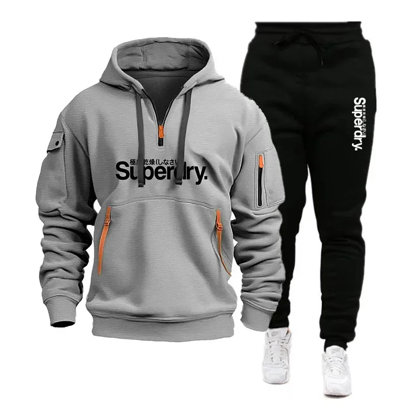 Autumn and winter men's new clothing zipper hooded jumper + sweatpants set running fitness basketball jogging casual 2-piece set