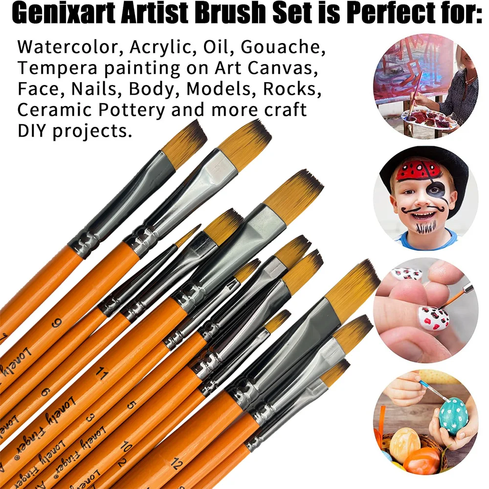 12 Pcs Paint Brushes Artist Soft Flat Nylon Bristles Painting Brushes with Wood Handle for Acrylic Oil Watercolor Gouache