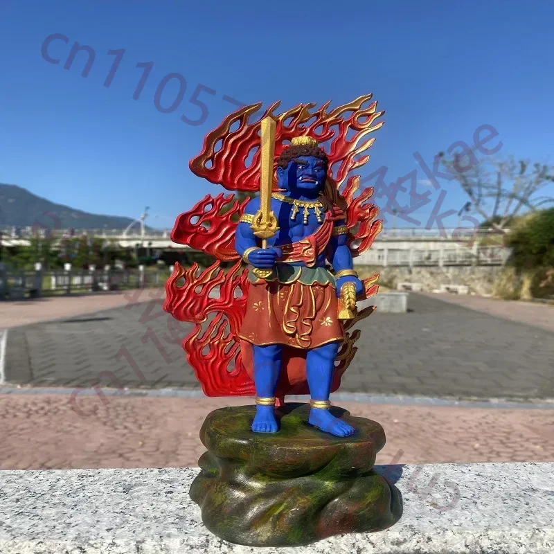 Wood Carved Colorful Gilded Fudo Myoo Acalanatha Statue Sculpture Figurine Ornament - Buddhist Wrathful Deity Home Temple Altar