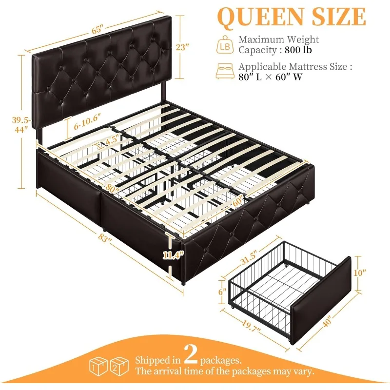 Queen Size Upholstered Bed Frame with Drawers and Adjustable Headboard Faux Leather Platform Bed with Mattress Foundation Strong