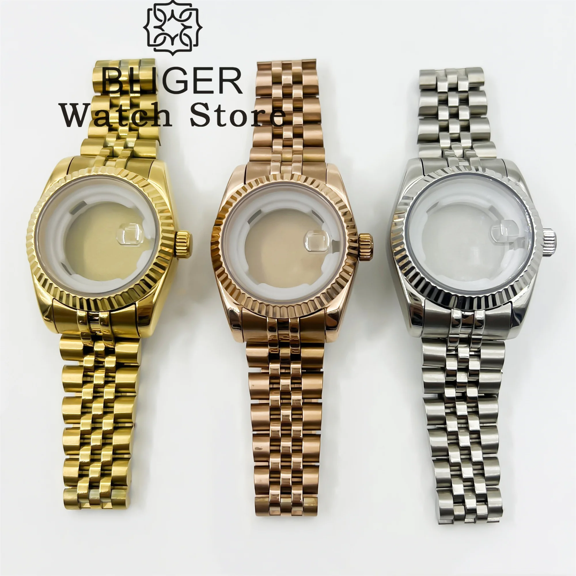 BLIGER 31mm High Quality Ms. watch Case Rose gold/gold Coated Case Sapphire Glass Stainless Steel Strap For NH05 NH06 Movement