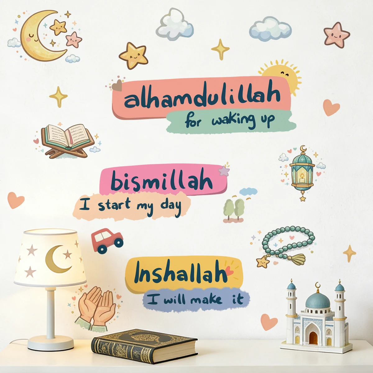 Islamic Cartoon Daily Phrases Wall Sticker Moon Stars Decal Religious Motivational Home Art Muslim Living Room Bedroom Decor