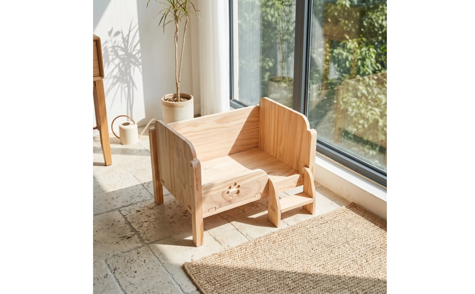 Pet Bed with Step Long-Lasting Wooden Pet Bed Elevated Cat Couch Indoor Furniture Comfortable for Cats, Living Room, Bedroom