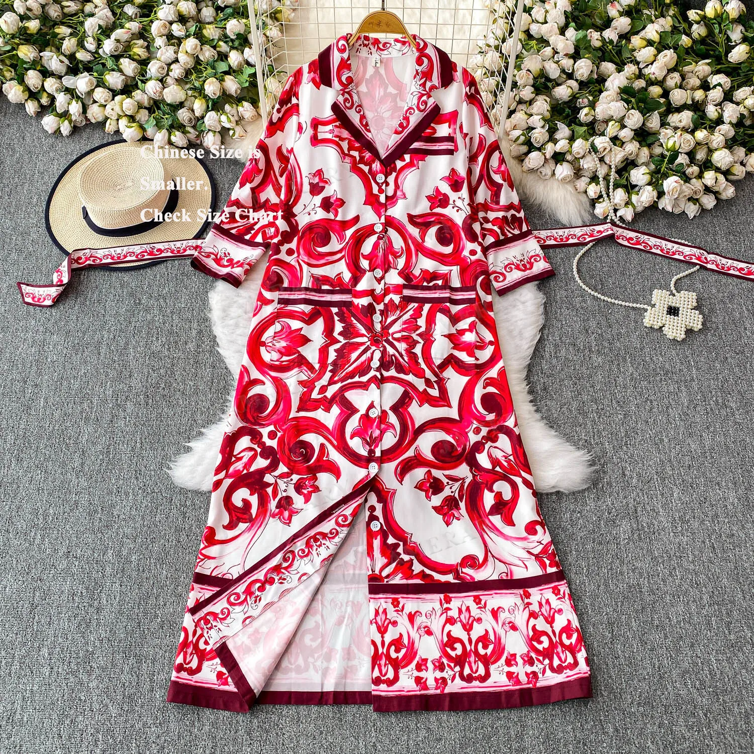 Herbst Pocelain Print Midi Kleider Hemd Frauen Einreiher Schnürsenkel Gürtel Druck Langes Kleid Lose Große Größe Böhmischen Urlaub robe