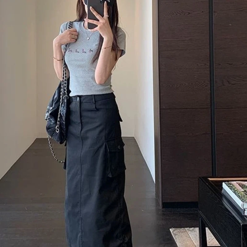 Women Cargo Midi Skirt Side Pockets Drawstring Split Hem Casual Straight Long Skirt