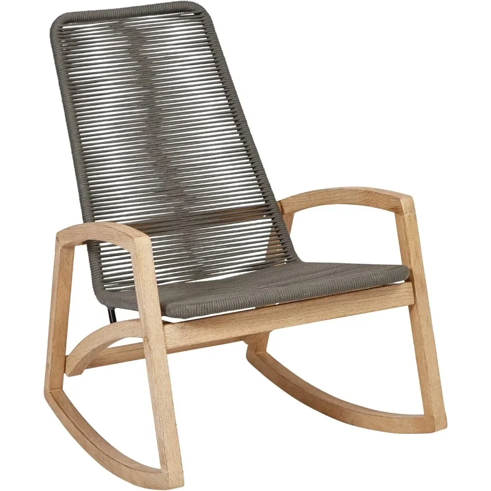 Indoor/Outdoor Teak Wood & Woven Rope Rocking Chair, Grey