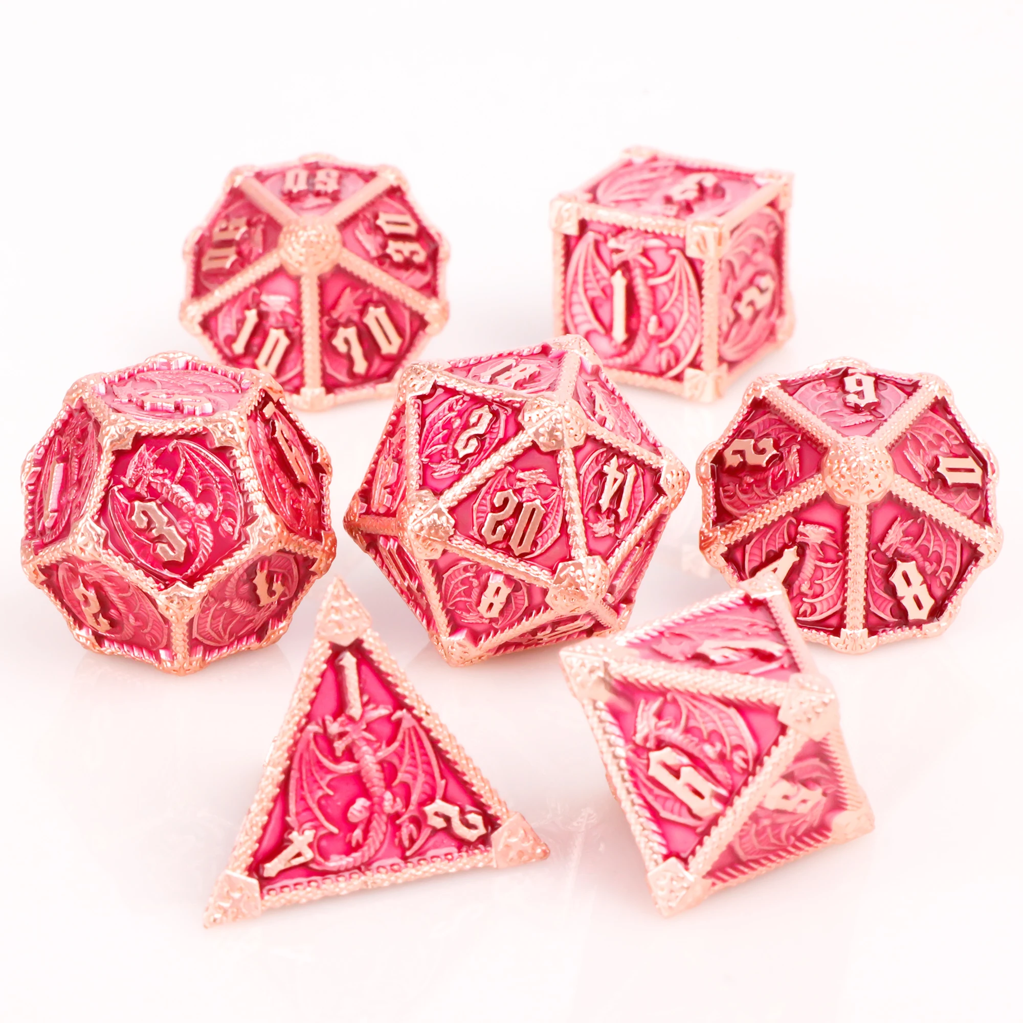 Pink Metal DND Dice Set 7Pcs Dice For Dungeons and Dragons Role Playing Dice, Green Dice Handmade RPG D and D Game Dice D&D Gift