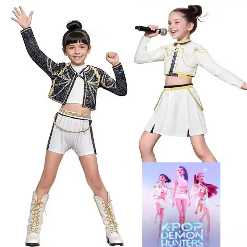 

New KPop Rumi Cosplay Costume Girls Halloween Demon Hunters Cosplay Vest Coat Shorts Set Kids HUNTRIX Dress Up Performance Party