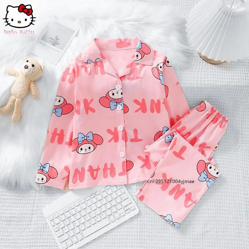 

New Sanrio Melody Girls Summer Cloud Cotton Children's Sleepwear Set Short Sleeve Turn-Down Collar Home Clothes Kids Summer Set