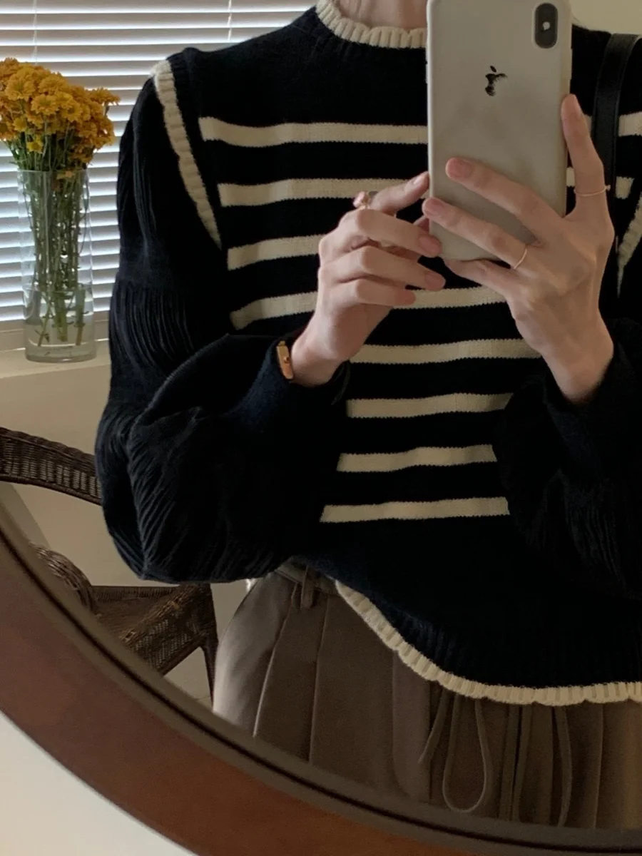 Comfortable Versatile Striped Knitwear Jaet Heavyweight Small Fraance Sle Single Button V-Ne Commute Wind for Young W...