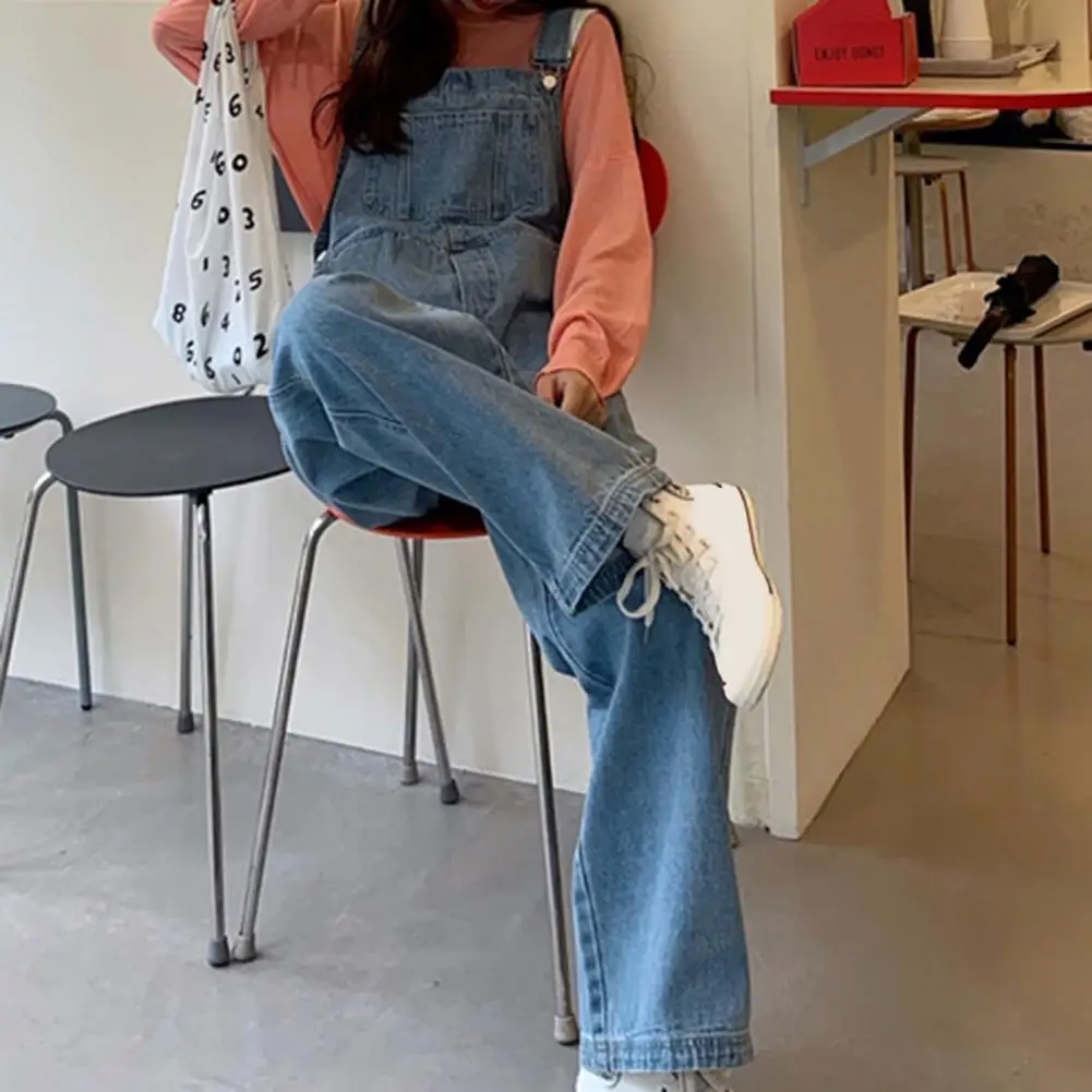 Повседневные комбинезоны с квадратным воротником, женские широкие джинсовые комбинезоны с регулируемыми бретелями и карманами, повседневные весенние женские комбинезоны