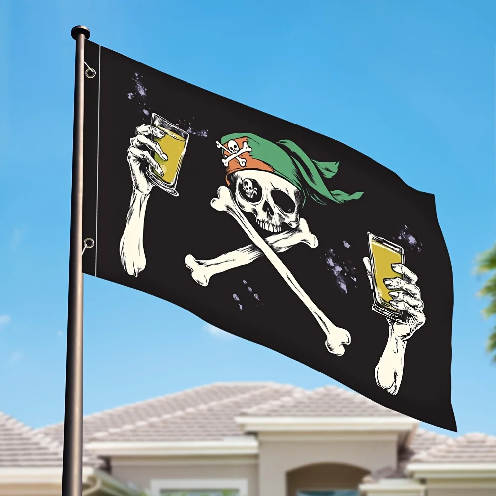1pc Pirate Beer Lover Flag Black Jolly Roger with Skeleton Golden Coins, Perfect for Indoor Outdoor Decor, Polyester Material