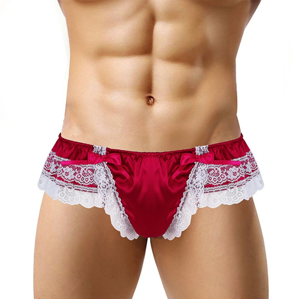 Men Sissy Lace See-through Panties Sexy Satin G-String Thong Briefs Underwear Lace Brimmed Bowknot Underpants Erotic Panties